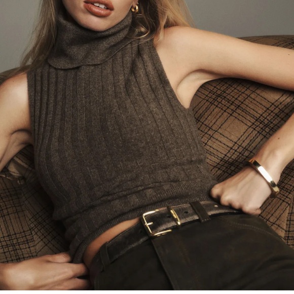 Reformation Rowyn Cashmere Turtleneck Tank Brown - Size L - Picture 2 of 3
